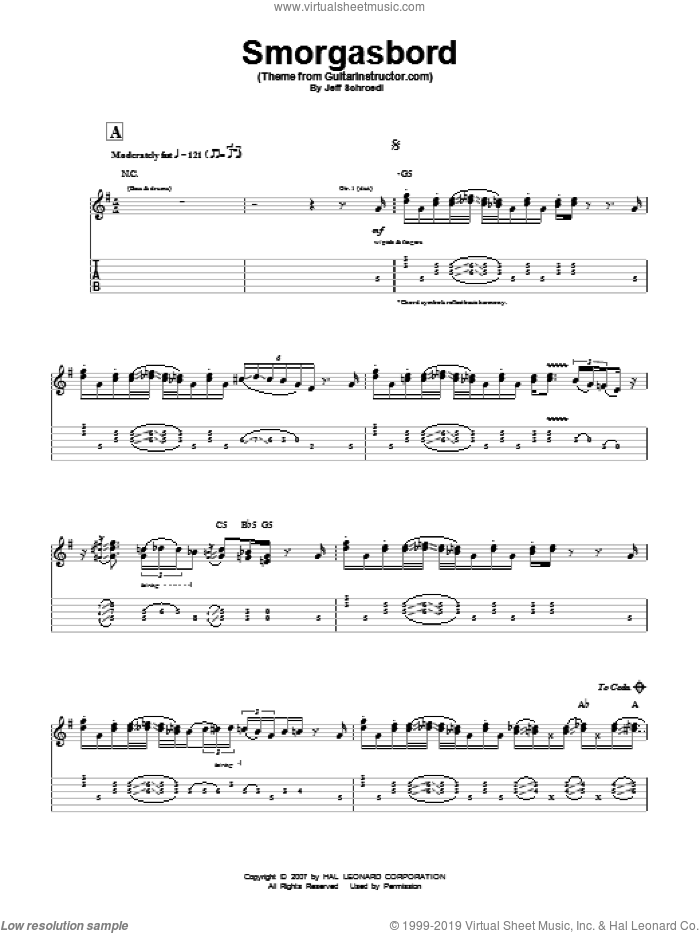 Smorgasbord (Theme from GuitarInstructor.com) sheet music for guitar (tablature) by Jeff Schroedl, intermediate skill level
