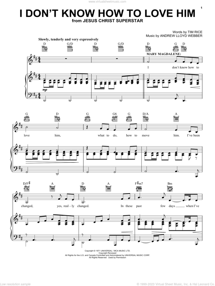 I Don't Know How To Love Him (from Jesus Christ Superstar) sheet music for voice, piano or guitar by Andrew Lloyd Webber, Helen Reddy, Jesus Christ Superstar (Musical) and Tim Rice, intermediate skill level