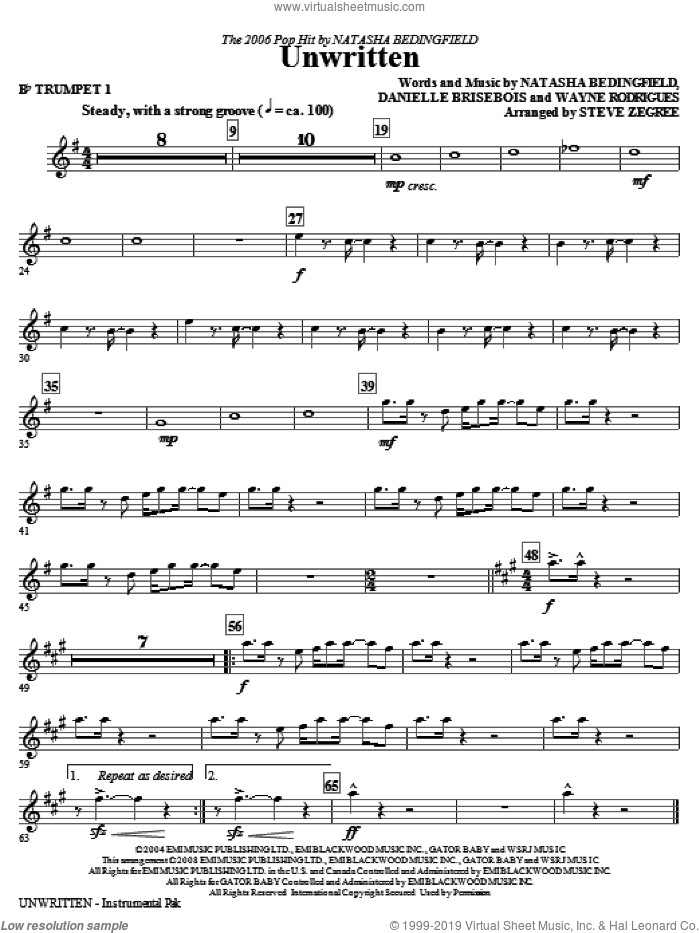 Unwritten (complete set of parts) sheet music for orchestra/band by Natasha Bedingfield, Danielle Brisebois, Wayne Rodrigues and Steve Zegree, intermediate skill level
