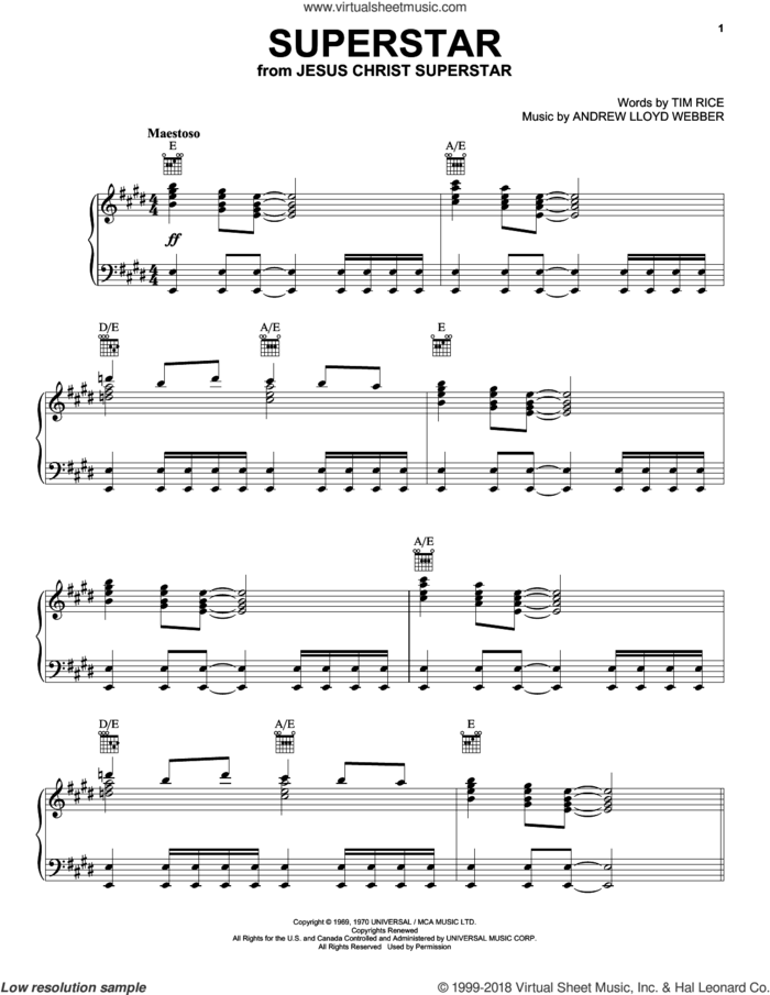 Superstar (from Jesus Christ Superstar) sheet music for voice, piano or guitar by Andrew Lloyd Webber, Jesus Christ Superstar (Musical) and Tim Rice, intermediate skill level
