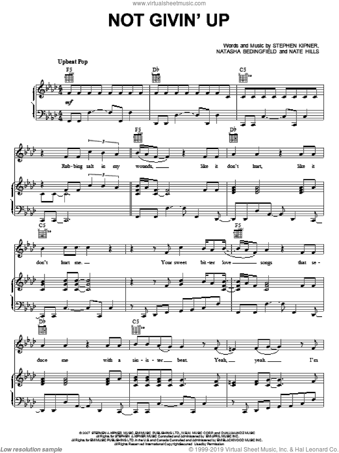 Not Givin' Up sheet music for voice, piano or guitar by Natasha Bedingfield, Nate Hills and Steve Kipner, intermediate skill level