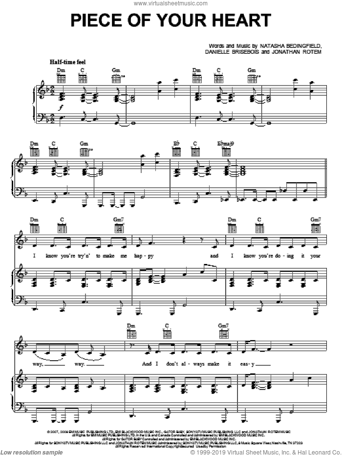 Piece Of Your Heart sheet music for voice, piano or guitar by Natasha Bedingfield, Danielle Brisebois and Jonathan Rotem, intermediate skill level