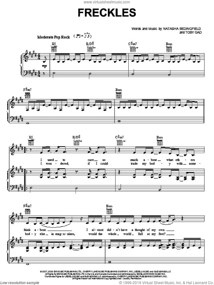 Freckles sheet music for voice, piano or guitar by Natasha Bedingfield and Toby Gad, intermediate skill level