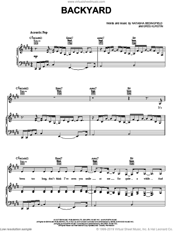 Backyard sheet music for voice, piano or guitar by Natasha Bedingfield and Greg Kurstin, intermediate skill level