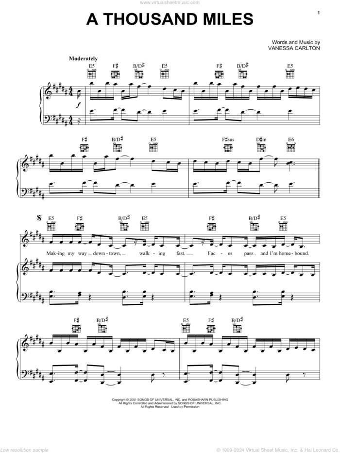 A Thousand Miles sheet music for voice, piano or guitar by Vanessa Carlton, intermediate skill level