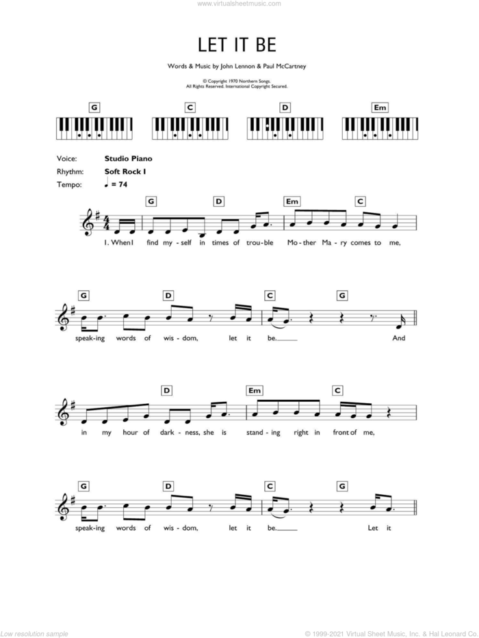 Let It Be sheet music for piano solo (chords, lyrics, melody) by The Beatles, John Lennon and Paul McCartney, intermediate piano (chords, lyrics, melody)