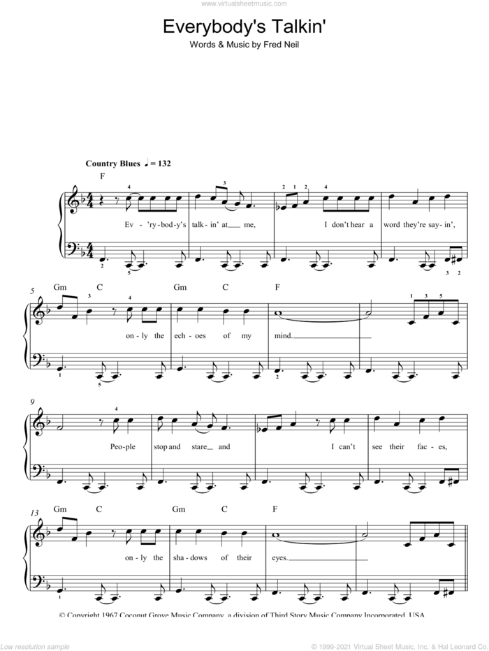 Everybody's Talkin' sheet music for piano solo by Harry Nilsson and Fred Neil, easy skill level
