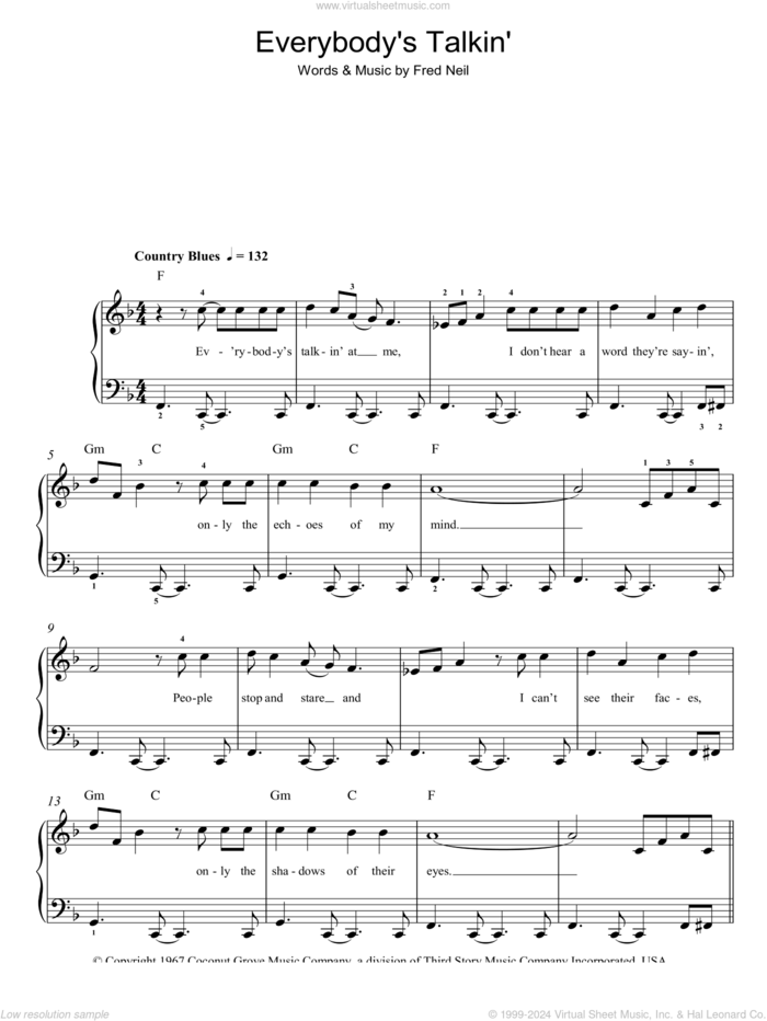 Everybody's Talkin' sheet music for piano solo by Harry Nilsson and Fred Neil, easy skill level