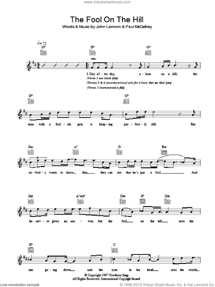 The Fool On The Hill sheet music for voice and other instruments (fake book) by The Beatles, John Lennon and Paul McCartney, intermediate skill level