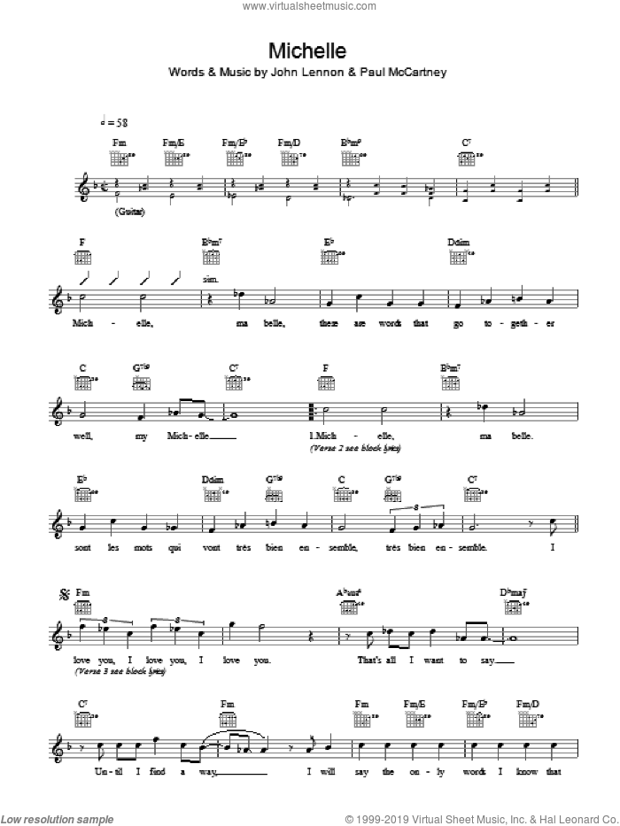 Michelle sheet music for voice and other instruments (fake book) by The Beatles, John Lennon and Paul McCartney, intermediate skill level
