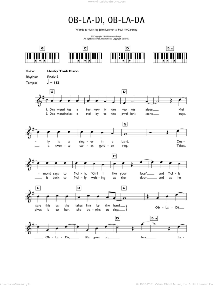 Ob-La-Di, Ob-La-Da sheet music for piano solo (chords, lyrics, melody) by The Beatles, John Lennon and Paul McCartney, intermediate piano (chords, lyrics, melody)