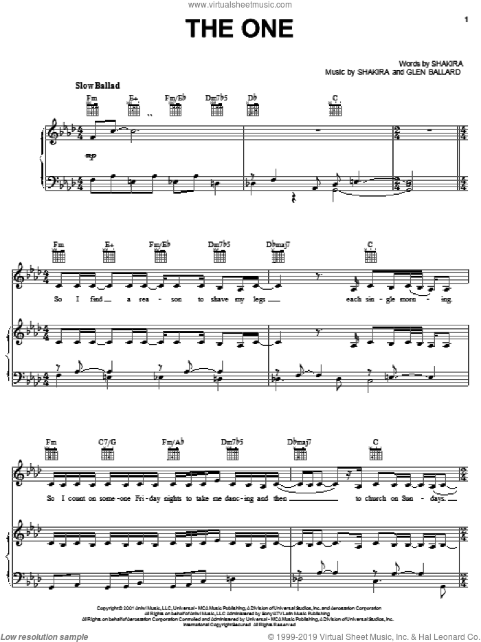 The One sheet music for voice, piano or guitar by Shakira and Glen Ballard, intermediate skill level