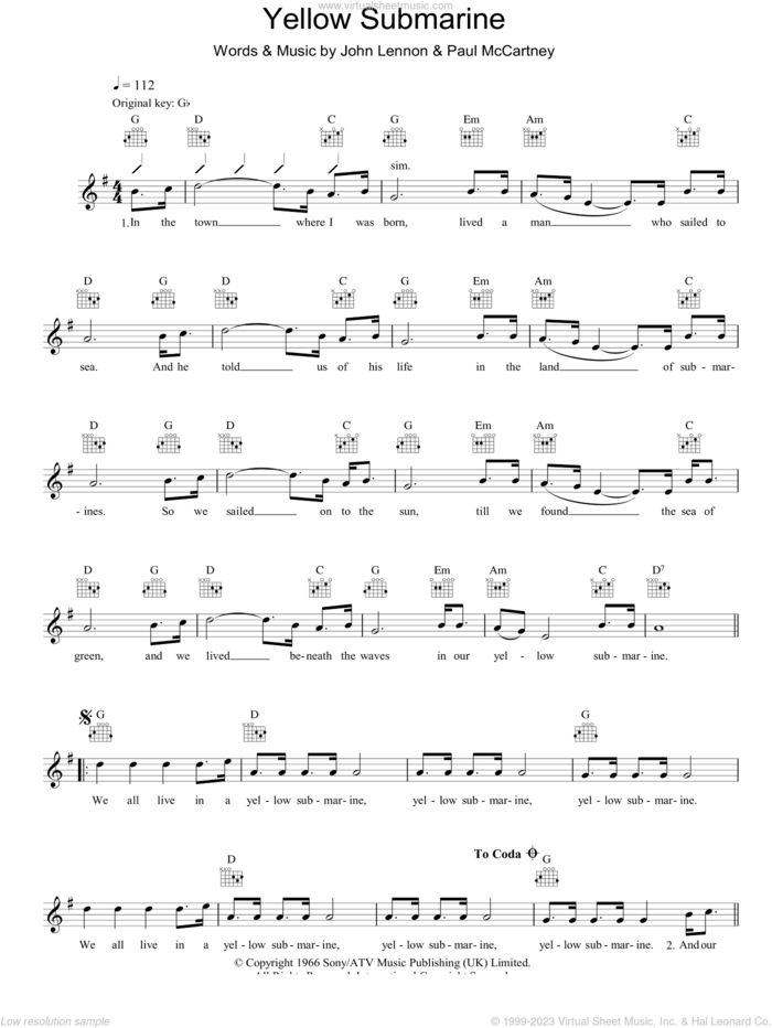 Yellow Submarine sheet music for voice and other instruments (fake book) by The Beatles, John Lennon and Paul McCartney, intermediate skill level