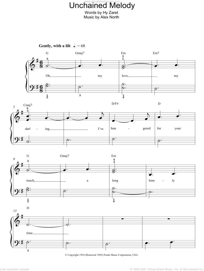 Unchained Melody sheet music for piano solo by The Righteous Brothers, Alex North and Hy Zaret, wedding score, easy skill level