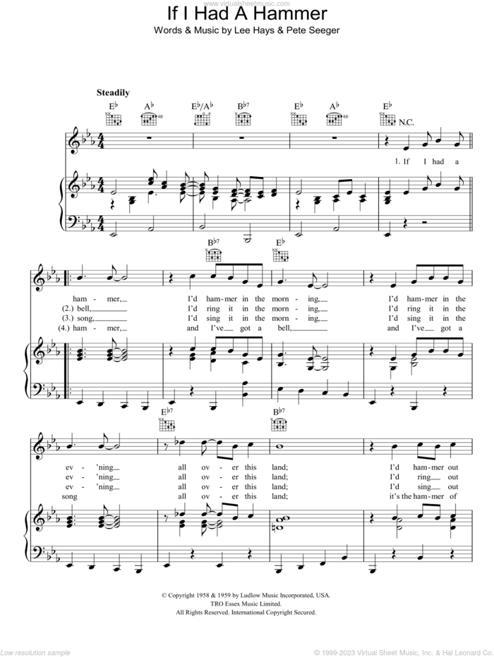 If I Had A Hammer sheet music for voice, piano or guitar by Pete Seeger, Trini Lopez and Lee Hays, intermediate skill level