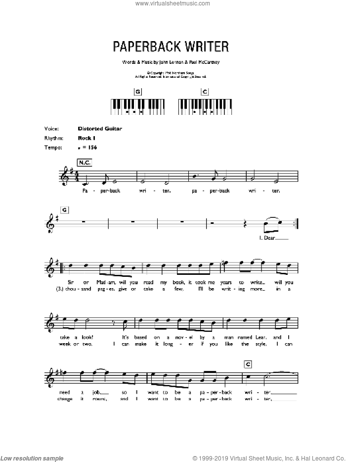 Paperback Writer, (intermediate) sheet music for piano solo (chords, lyrics, melody) by The Beatles, John Lennon and Paul McCartney, intermediate piano (chords, lyrics, melody)