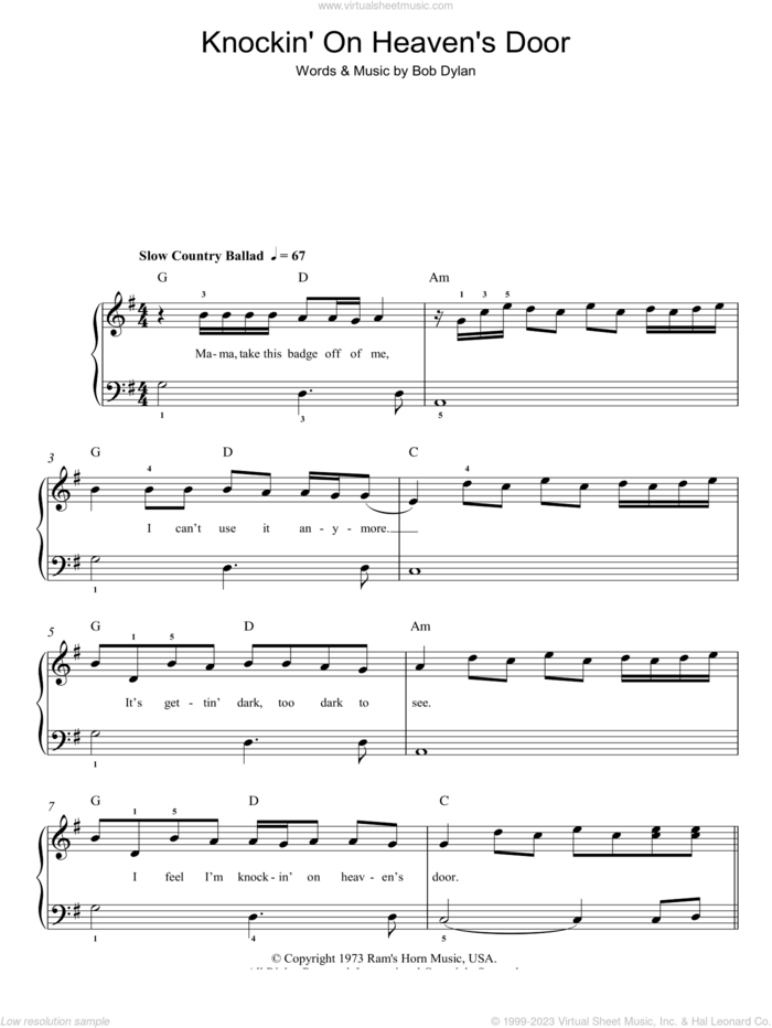 Knockin' On Heaven's Door sheet music for piano solo by Bob Dylan, easy skill level