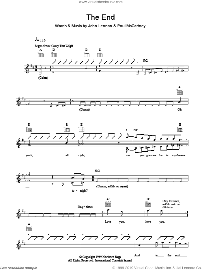 The End sheet music for voice and other instruments (fake book) by The Beatles, John Lennon and Paul McCartney, intermediate skill level