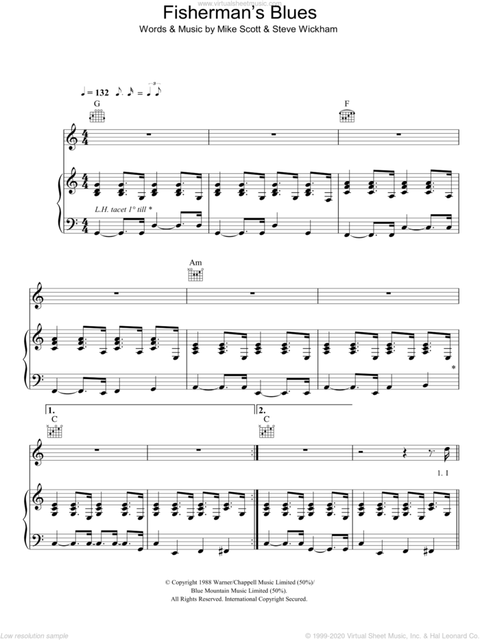 Fisherman's Blues sheet music for voice, piano or guitar by The Waterboys, Mike Scott and Steve Wickham, intermediate skill level