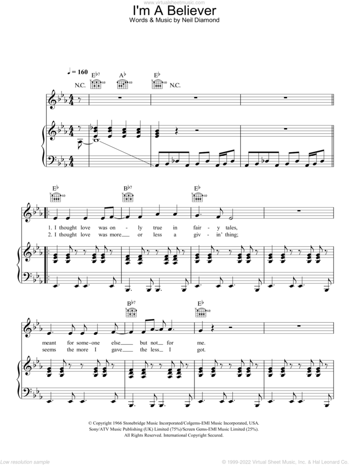 I'm A Believer sheet music for voice, piano or guitar by The Monkees and Neil Diamond, intermediate skill level