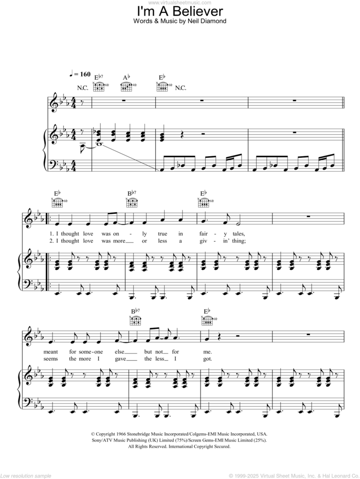 I'm A Believer sheet music for voice, piano or guitar by The Monkees and Neil Diamond, intermediate skill level