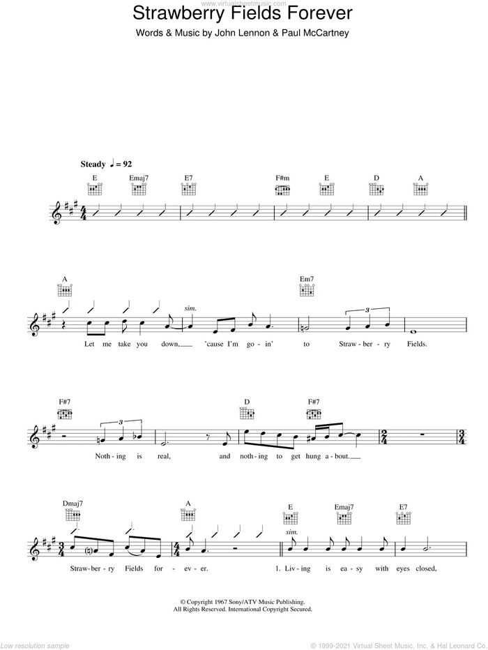 Strawberry Fields Forever sheet music for voice and other instruments (fake book) by The Beatles, John Lennon and Paul McCartney, intermediate skill level