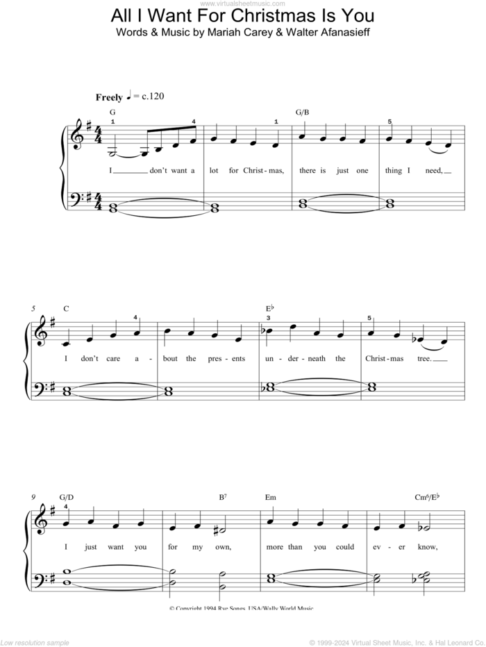 All I Want For Christmas Is You sheet music for piano solo by Mariah Carey and Walter Afanasieff, easy skill level