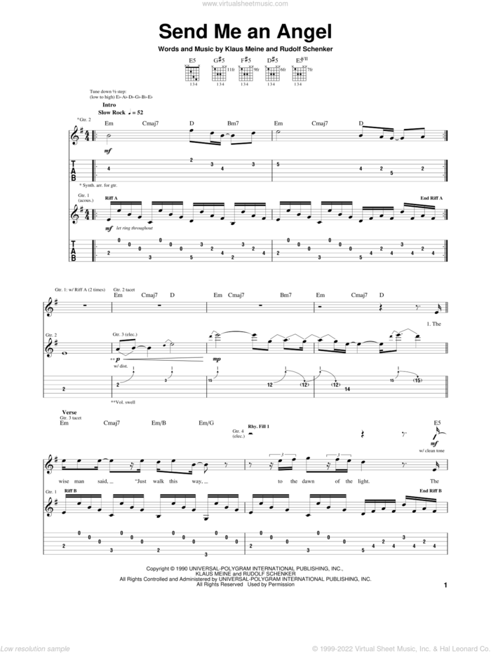 Send Me An Angel sheet music for guitar (tablature) by Scorpions, Klaus Meine and Rudolf Schenker, intermediate skill level
