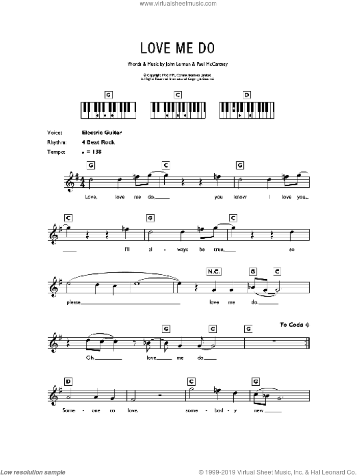 Love Me Do sheet music for piano solo (chords, lyrics, melody) by The Beatles, John Lennon and Paul McCartney, intermediate piano (chords, lyrics, melody)