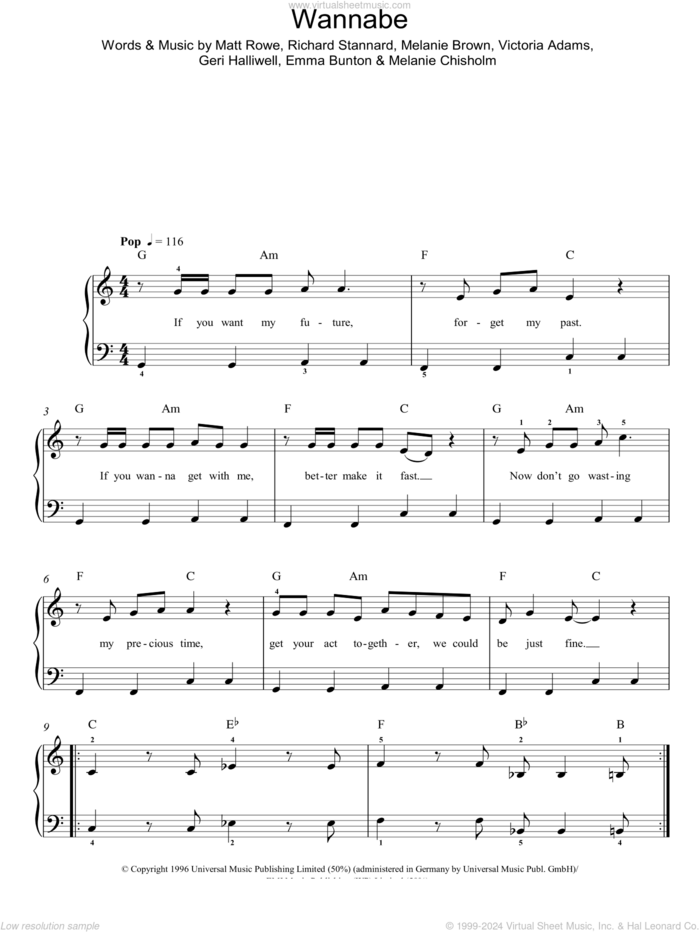 Wannabe sheet music for piano solo by The Spice Girls, Emma Bunton, Geri Halliwell, Matt Rowe, Melanie Brown, Melanie Chisholm, Richard Stannard and Victoria Adams, easy skill level