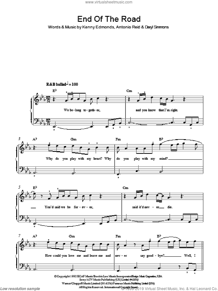 End Of The Road sheet music for piano solo by Boyz II Men, Antonio Reid, Daryl Simmons and Kenneth Edmonds, easy skill level