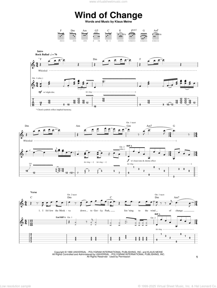 Wind Of Change sheet music for guitar (tablature) by Scorpions and Klaus Meine, intermediate skill level