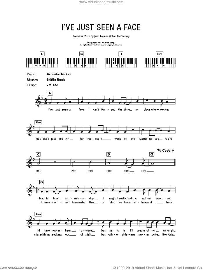 I've Just Seen A Face sheet music for piano solo (chords, lyrics, melody) by The Beatles, John Lennon and Paul McCartney, intermediate piano (chords, lyrics, melody)