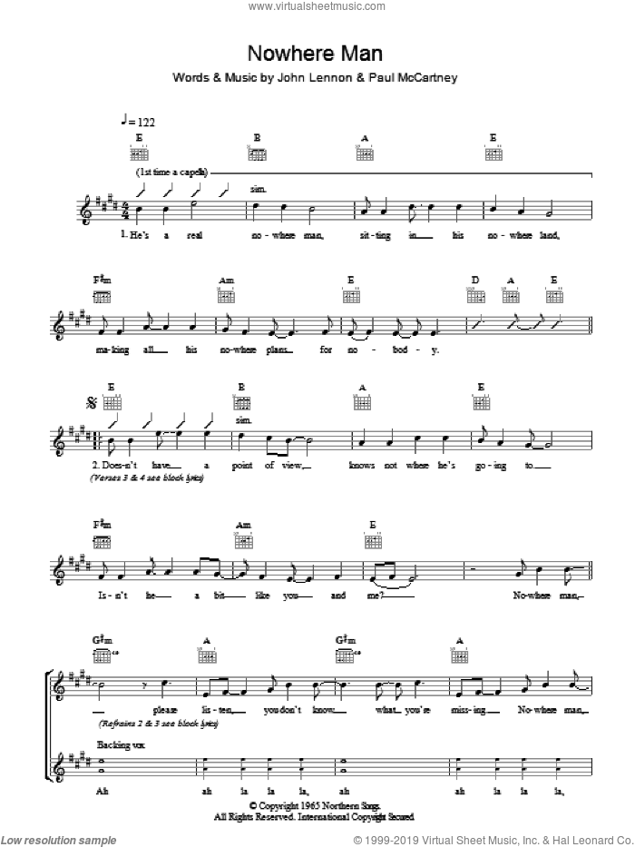 Nowhere Man sheet music for voice and other instruments (fake book) by The Beatles, John Lennon and Paul McCartney, intermediate skill level