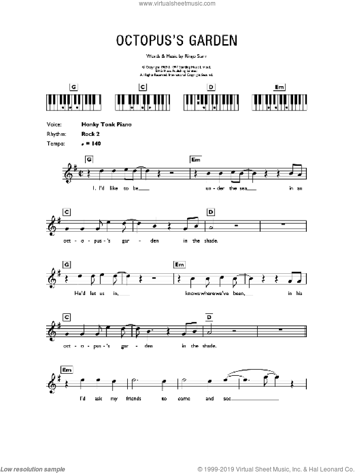 Octopus's Garden sheet music for piano solo (chords, lyrics, melody) by The Beatles and Ringo Starr, intermediate piano (chords, lyrics, melody)
