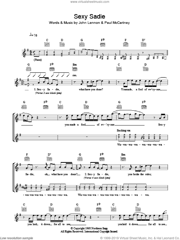 Sexy Sadie sheet music for voice and other instruments (fake book) by The Beatles, John Lennon and Paul McCartney, intermediate skill level