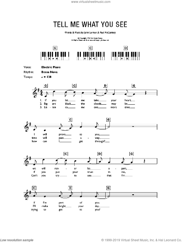 Tell Me What You See sheet music for piano solo (chords, lyrics, melody) by The Beatles, John Lennon and Paul McCartney, intermediate piano (chords, lyrics, melody)