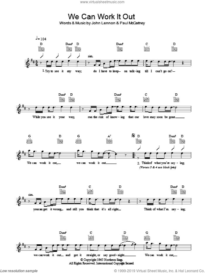 We Can Work It Out sheet music for voice and other instruments (fake book) by The Beatles, John Lennon and Paul McCartney, intermediate skill level