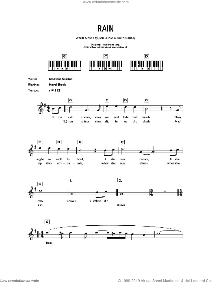 Rain sheet music for piano solo (chords, lyrics, melody) by The Beatles, John Lennon and Paul McCartney, intermediate piano (chords, lyrics, melody)