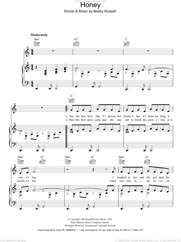 Honey sheet music for voice, piano or guitar by Bobby Goldsboro and Bobby Russell, intermediate skill level