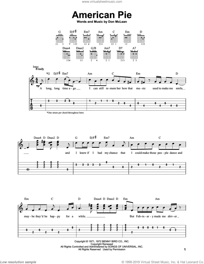 American Pie sheet music for guitar solo (easy tablature) by Don McLean, easy guitar (easy tablature)