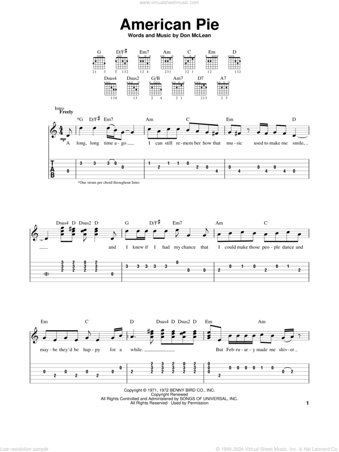 American Pie sheet music for guitar solo (easy tablature) by Don McLean, easy guitar (easy tablature)