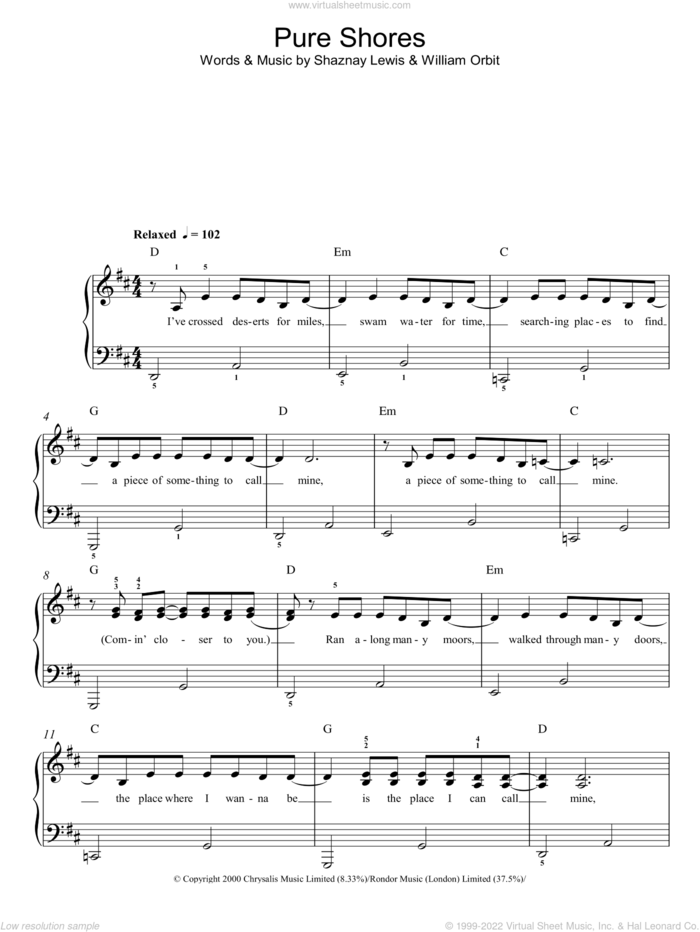 Pure Shores, (easy) sheet music for piano solo by All Saints, Shaznay Lewis and William Orbit, easy skill level