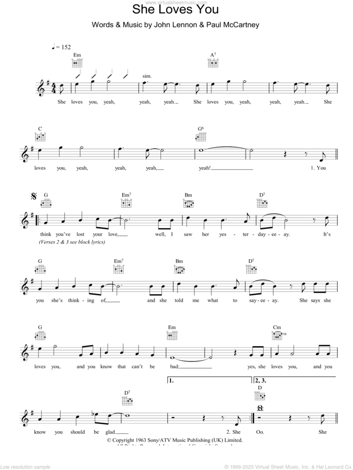 She Loves You sheet music for voice and other instruments (fake book) by The Beatles, John Lennon and Paul McCartney, intermediate skill level