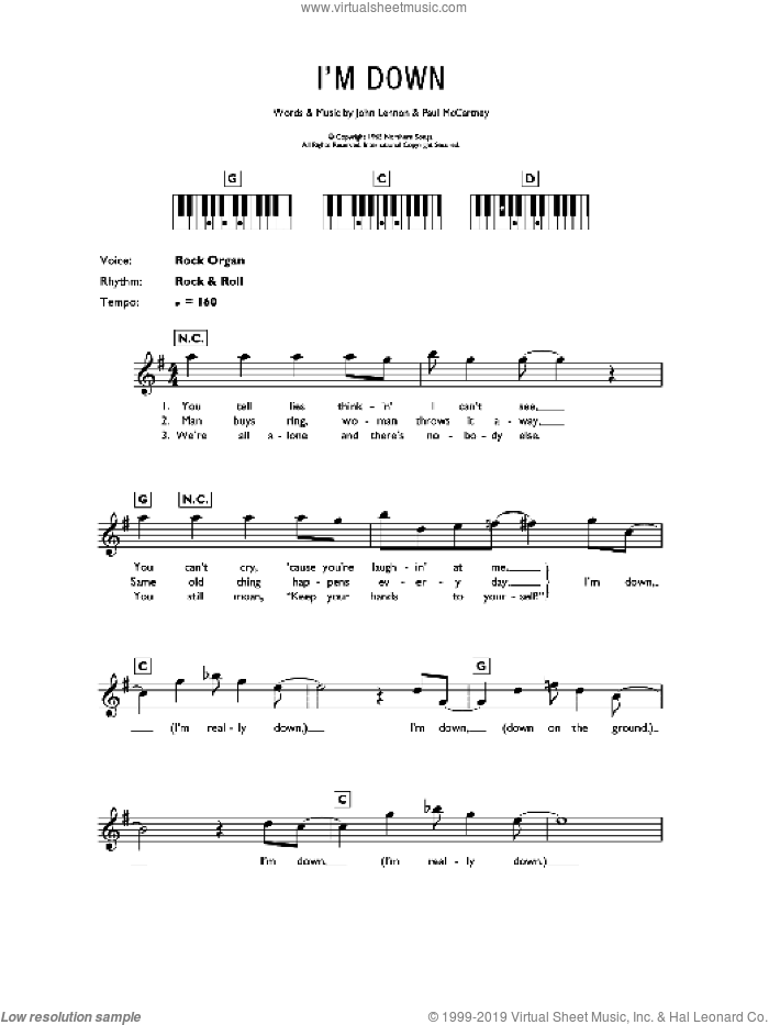 I'm Down sheet music for piano solo (chords, lyrics, melody) by The Beatles, John Lennon and Paul McCartney, intermediate piano (chords, lyrics, melody)