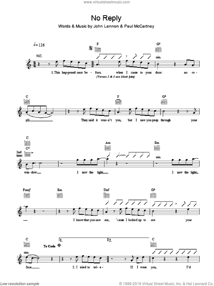 No Reply sheet music for voice and other instruments (fake book) by The Beatles, John Lennon and Paul McCartney, intermediate skill level