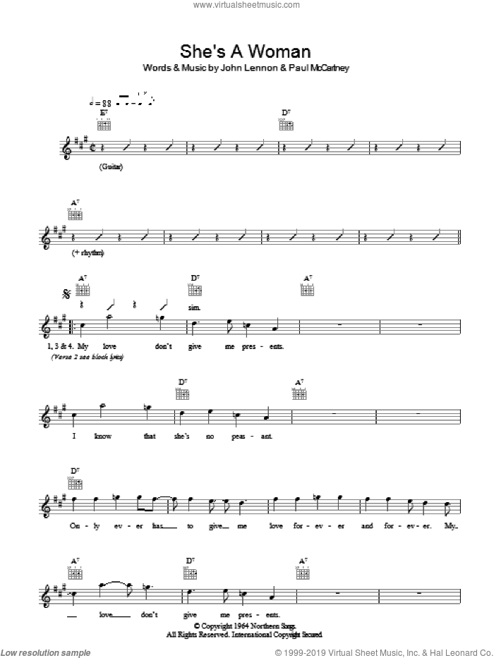 She's A Woman sheet music for voice and other instruments (fake book) by The Beatles, John Lennon and Paul McCartney, intermediate skill level