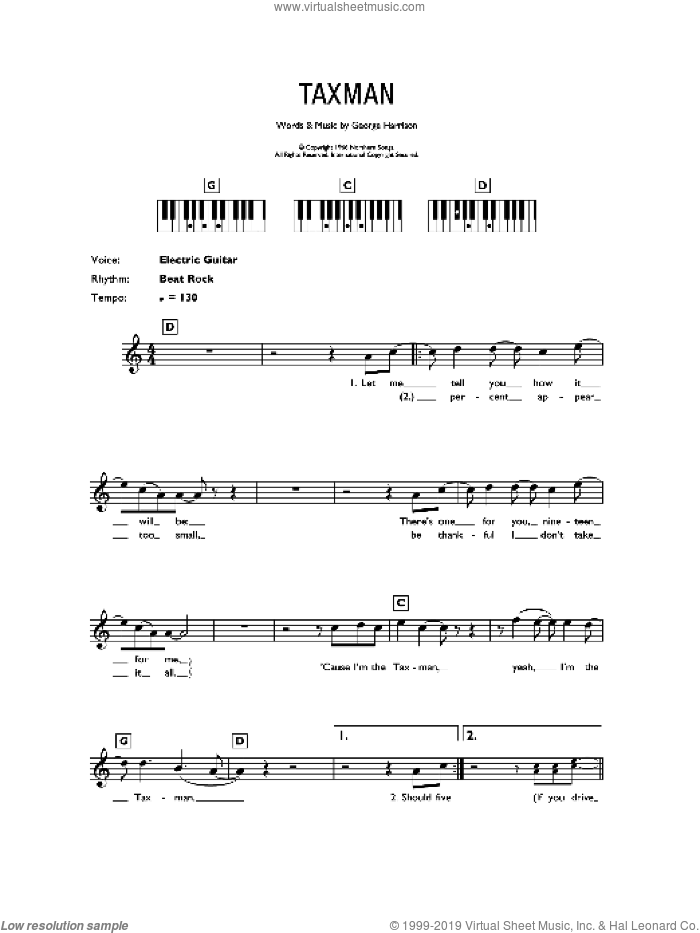 Taxman sheet music for piano solo (chords, lyrics, melody) by The Beatles and George Harrison, intermediate piano (chords, lyrics, melody)