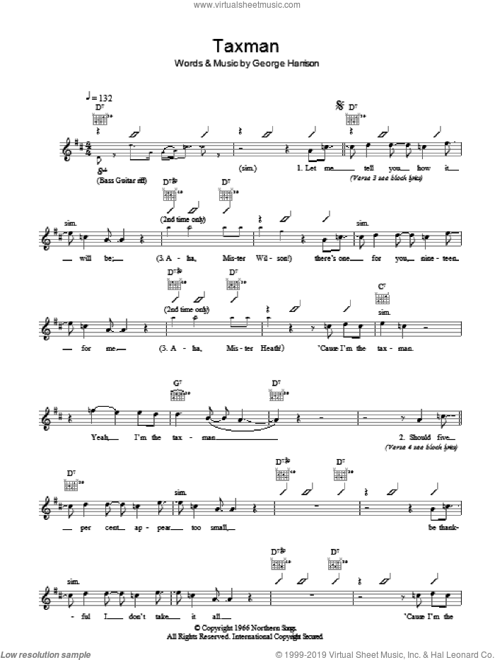 Taxman sheet music for voice and other instruments (fake book) by The Beatles and George Harrison, intermediate skill level
