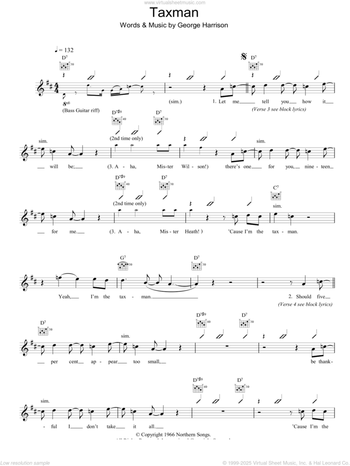 Taxman sheet music for voice and other instruments (fake book) by The Beatles and George Harrison, intermediate skill level